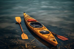 a yellow kayak with paddles