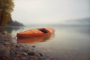 a kayak on the shore, in autumn