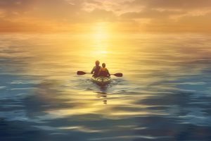 a couple kayaking on the sea
