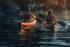two kayaking women