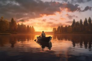 a man in a boat during the sunset