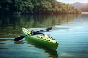 a light green kayak with a paddle on a sunny day