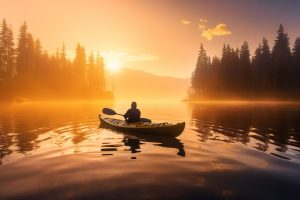 a kayaker on a lake during the sunrise