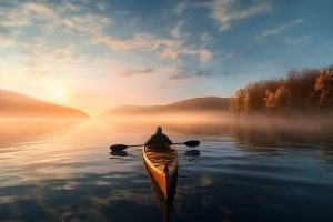 a kayaker on a lake during the sunrise