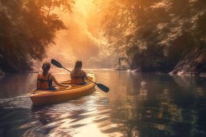 two kayaker women during the sunset