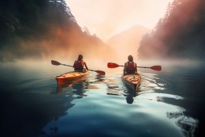 two women kayaking in the river