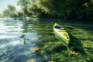 a light green kayak in a lake
