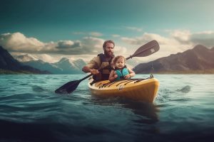 a man kayaking with his son