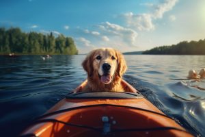 a dog in an orange kayak